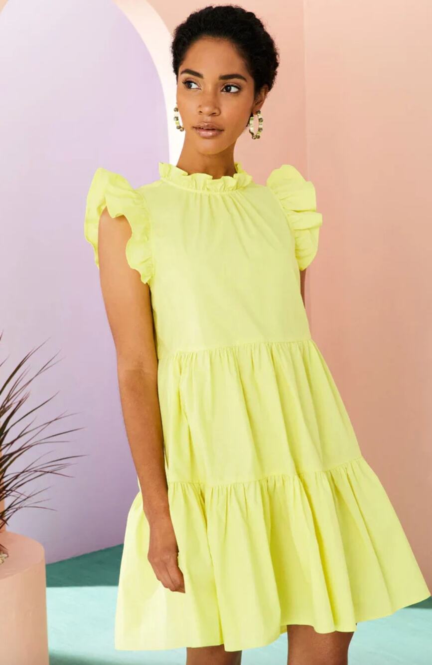 Marie Oliver Taren Mini Dress A Line Ruffle Tiered Cotton Sundrop Yellow Small